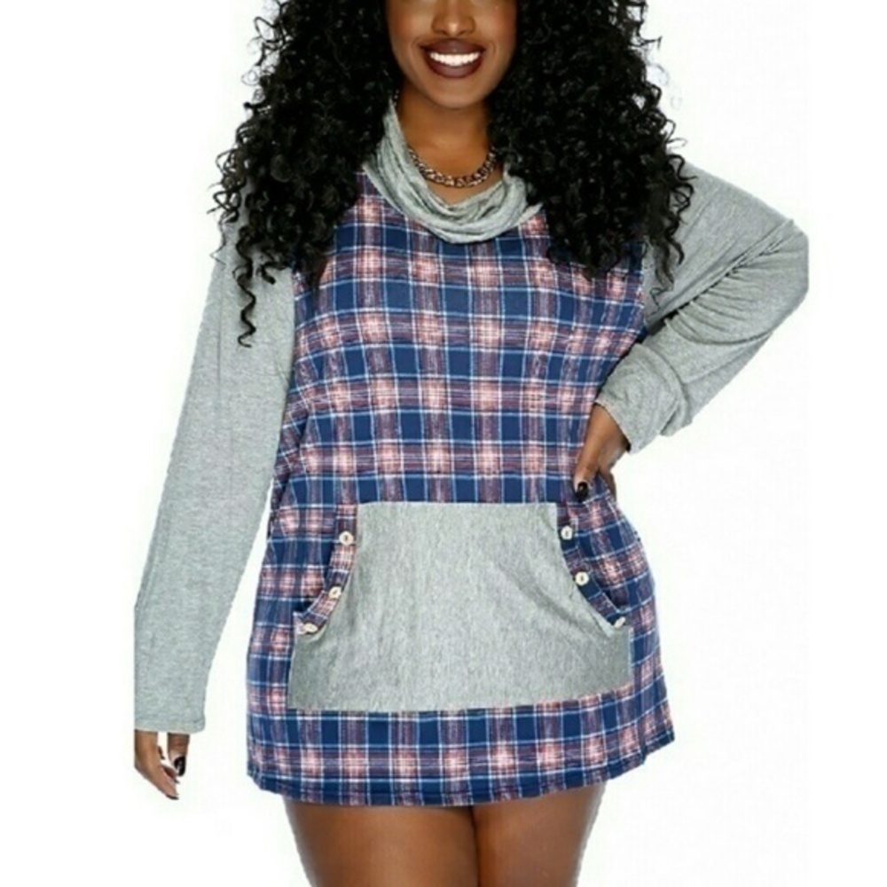NAVY GRAY CHECKER PATTERN PRINT CASUAL TOP